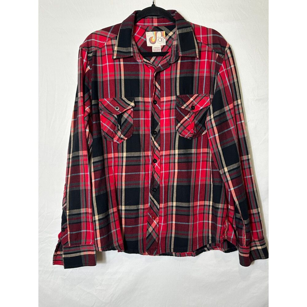 OP Vintage Flannel Shirt Mens Large Red Gray Plaid Long Sleeve Button Up Y2K 90s